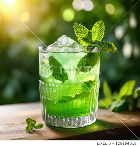 Vibrant Minty Cocktail in Textured Glass 128164019