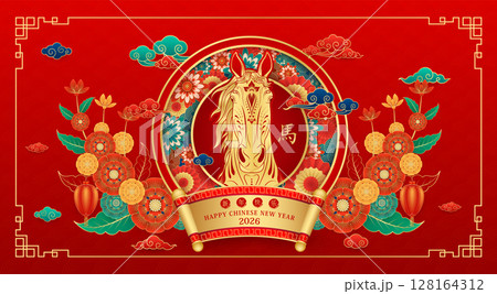 Card Happy Chinese New Year 2026. Horse gold zodiac sign on red background with flower cloud and lantern for banner design. China lunar calendar animal. ranslation happy new year, Year of the horse. V Card Happy Chinese New Year 2026. Horse gold zodiac sign on red background with flower cloud and lantern for banner design. China lunar calendar animal. ranslation happy new year, Year of the horse. V 128164312
