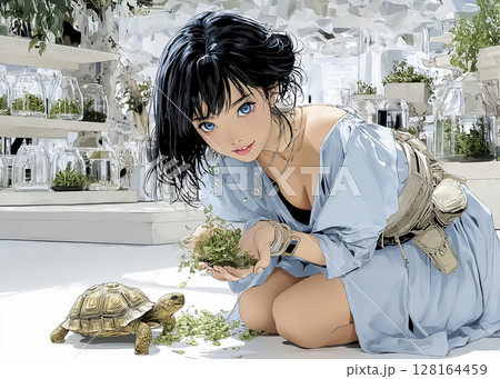 爬虫類カフェでリクガメに餌をあげる笑顔の女性のイラスト素材 128164459