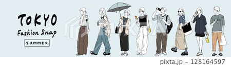 東京に暮らす人たちのファッションスナップ手描きイラストセット 128164597