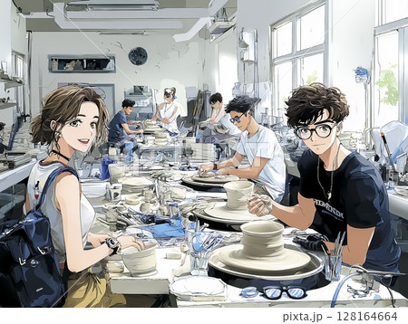 陶芸をする外国人観光客のイラスト素材 128164664