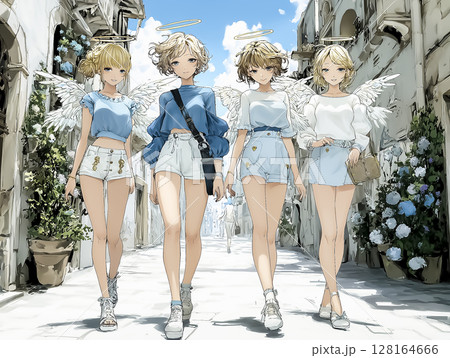 エンジェルファッションの若い女性のイラスト素材　4人 128164666