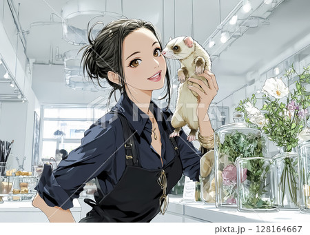 フェレットカフェ　フェレットと触れ合う笑顔の女性のイラスト素材 128164667