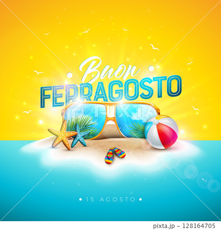 Buon Ferragosto Italy Midsummer Festival Design with Summer Holiday Elements and Typography Letter on Tropical Island Background. Vector Italian Language Illustration for Banner, Flyer, Invitation Buon Ferragosto Italy Midsummer Festival Design with Summer Holiday Elements and Typography Letter on Tropical Island Background. Vector Italian Language Illustration for Banner, Flyer, Invitation 128164705