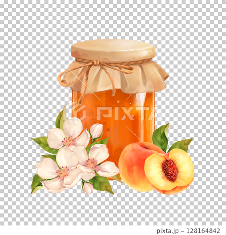 Hand-drawn illustration of a jar of peach jam with fresh peach slices and white blossoms 128164842