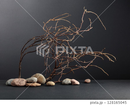 An intricately entwined branches and smooth stones against a black background. 128165045