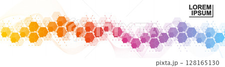Health care or medical abstract background with hexagons, lines and dots. Scientific innovation banner template concept. Biology and pharmaceutical technology background. Vector illustration. 128165130