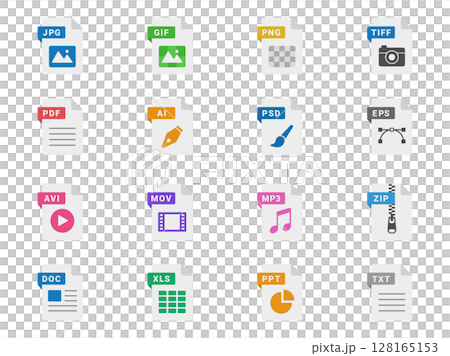 いろいろな、拡張子ファイルのアイコンのイラストセット いろいろな、拡張子ファイルのアイコンのイラストセット 128165153