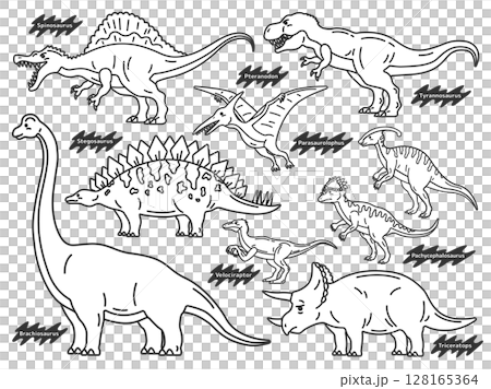 さまざまな恐竜(線画)のイラストセット さまざまな恐竜(線画)のイラストセット 128165364
