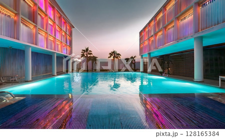 Vibrant Resort Swimming Pool at Dusk 128165384