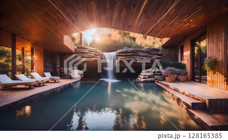 Luxurious indoor pool with waterfall in tranquil resort 128165385