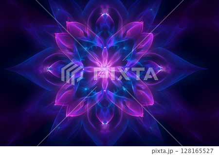Radiant neon mandala with vibrant purple energy spiraling through a digital cosmic structure 128165527