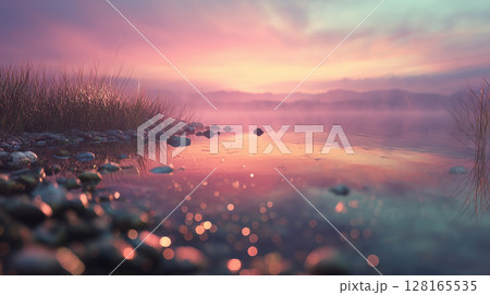 Violet toned dreamscape where soft light paints floating mountains in a warm glowing mist. Wallpaper concept Violet toned dreamscape where soft light paints floating mountains in a warm glowing mist. Wallpaper concept 128165535