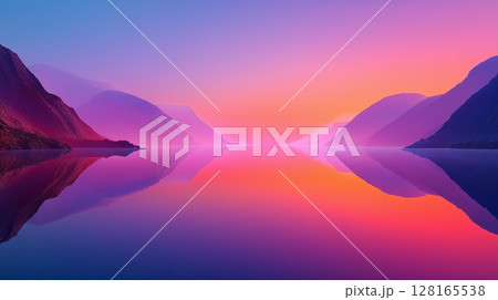 Ethereal reflections of floating lights and clouds shimmering above a still water during sunset 128165538
