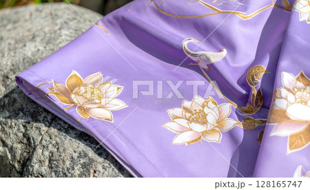 Lilac Silk Kimono with Golden Floral Pattern Detail 128165747
