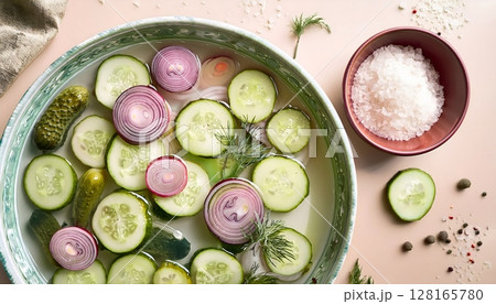 Preparing Pickled Cucumbers with Red Onions and Dill 128165780