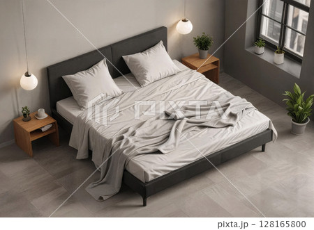Double bed with white bedding in beige interior, ai generated 128165800