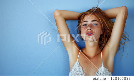 banner with copy space, woman with smooth skin in armpits, laser depilation, hair removal, sugaring, wax, waxing, razor 128165852