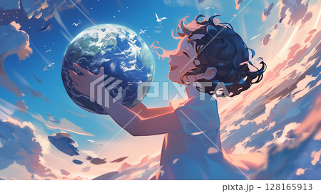 World Environment Day: Child Holding Earth Planet Anime Illustration. Generative AI 128165913