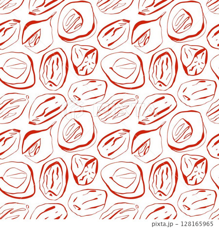 Nutmeg seamless pattern in red line style on white background for modern kitchen packaging and textile Nutmeg seamless pattern in red line style on white background for modern kitchen packaging and textile 128165965