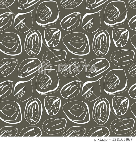 Seamless nutmeg pattern with hand-drawn outline on dark olive background for packaging and kitchen branding Seamless nutmeg pattern with hand-drawn outline on dark olive background for packaging and kitchen branding 128165967