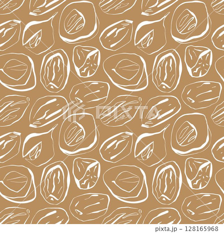 Seamless nutmeg spice pattern in line art style on beige background for organic packaging and branding Seamless nutmeg spice pattern in line art style on beige background for organic packaging and branding 128165968