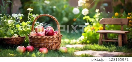 Fresh red apples in big wicker basket on the ground in garden next to small wooden bench in sunny August day. 128165971