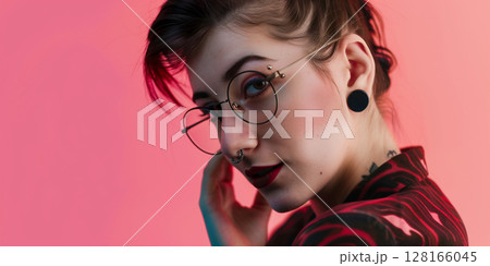 woman with pierced ears and nose, in sunglasses, piercing, banner with copy space, lgbtq+, pride 128166045