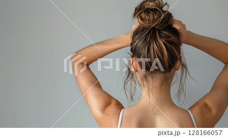 banner with copy space, woman with smooth skin in armpits, laser depilation, hair removal, sugaring, wax, waxing, razor 128166057