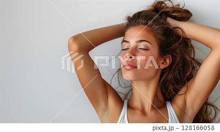 banner with copy space, woman with smooth skin in armpits, laser depilation, hair removal, sugaring, wax, waxing, razor banner with copy space, woman with smooth skin in armpits, laser depilation, hair removal, sugaring, wax, waxing, razor 128166058