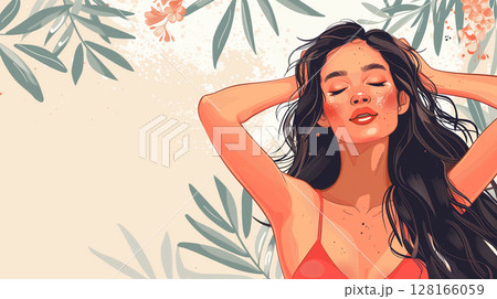 banner with copy space, woman with smooth skin in armpits, laser depilation, hair removal, sugaring, wax, waxing, razor 128166059