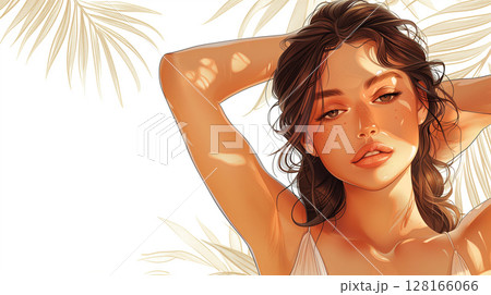 banner with copy space, woman with smooth skin in armpits, laser depilation, hair removal, sugaring, wax, waxing, razor 128166066