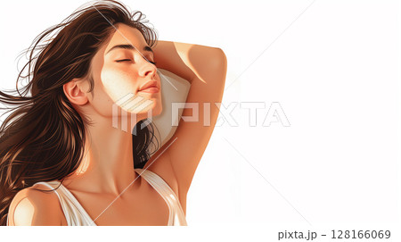 banner with copy space, woman with smooth skin in armpits, laser depilation, hair removal, sugaring, wax, waxing, razor 128166069