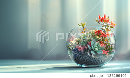 Florarium, aquarium with flowers, banner with copy space, floristry 128166103