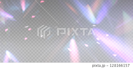 Prism light dispersion overlay with rainbow purple light effect, transparent flares of crystal diamond. Prism light glares or lens flare spectrum of gem glass refraction or sun light sparkle. Vector 128166157