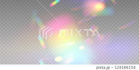 Rainbow light prism effect layer, transparent overlay background. Hologram bright reflection, crystal flare imposition. Vector realistic illustration with mesh gradients. 128166158