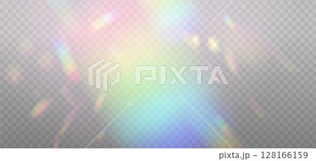 Colorful spots of reflected sunlight. Rainbow reflection light prism effect on light background. Hologram glass dispersion, crystal flare leak shadow overlay. Vector illustration 128166159