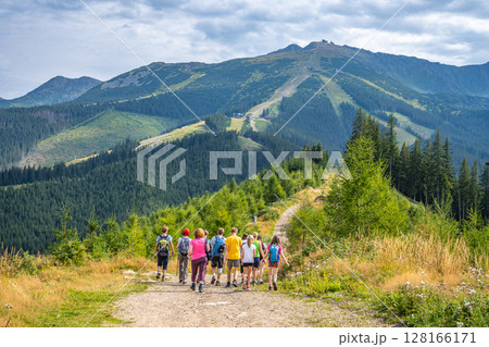 A group of hikers navigates the trails beneath Chopok Mountain in Demanovska Valley, enjoying nature in the vibrant Low Tatras region of Slovakia on a clear day. 128166171