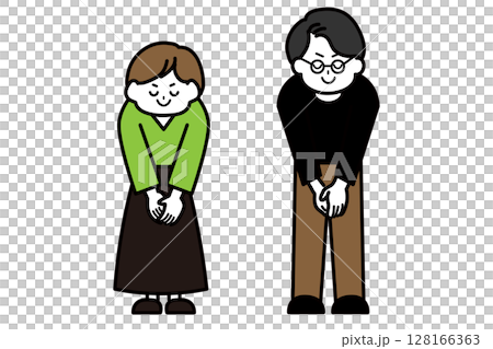 お辞儀をする男女のイラスト　全身 128166363