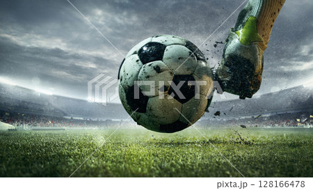 Soccer player kicking ball on rainy 3D stadium field during cloudy match Soccer player kicking ball on rainy 3D stadium field during cloudy match 128166478