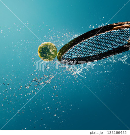 Tennis ball hitting racket with water splash on blue background Tennis ball hitting racket with water splash on blue background 128166483