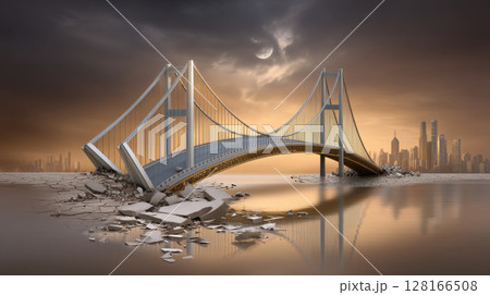 Broken bridge symbolizes trade war concept with dramatic sky and distant city reflecting conflict and uncertainty in global relations 128166508
