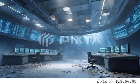 Trade war concept shown in futuristic control room with damaged computers and dramatic lighting creating tense atmosphere 128166509