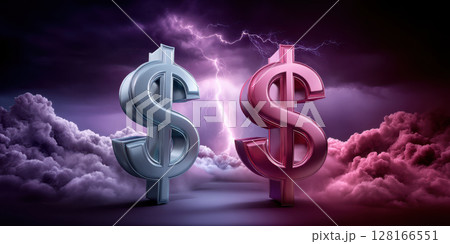 Trade war concept with dramatic clouds and lightning highlighting two opposing dollar symbols in tense financial atmosphere 128166551