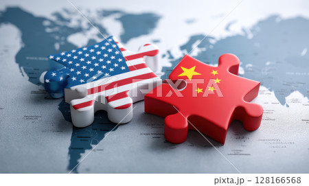 Two puzzle pieces with USA and China flags symbolize global trade and deal relations on world map background 128166568