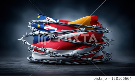 Trade war concept shown by barbed wire wrapped around flags symbolizing conflict and restriction in international relations Trade war concept shown by barbed wire wrapped around flags symbolizing conflict and restriction in international relations 128166664