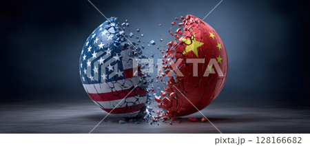 Trade war concept illustrated by two spheres with national flags breaking apart in dramatic conflict and tension 128166682