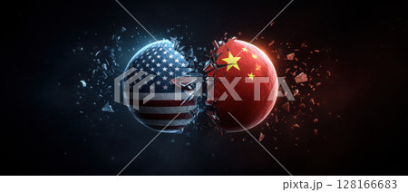Trade war concept illustrated by two spheres with national flags colliding and dramatic energy in dark background 128166683