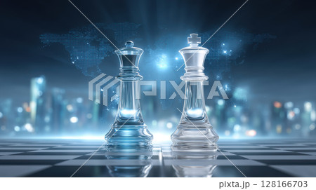 Trade war concept shown by two glass chess kings on chessboard with cityscape and world map background, symbolizing strategy and tension 128166703