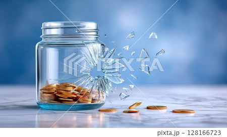 Price increased as coins spill from broken glass jar with shattered pieces on marble surface showing financial loss and economic impact 128166723